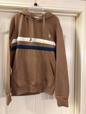 U.S. Polo Assn. Brown Hooded Sweatshirt with White & Navy Stripes